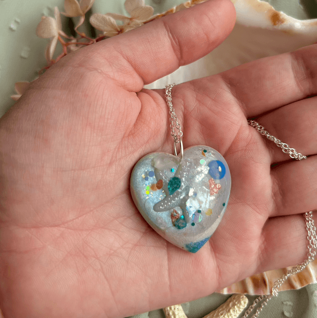 Large Heart Necklace with Starfish and Silver Plated Chain 