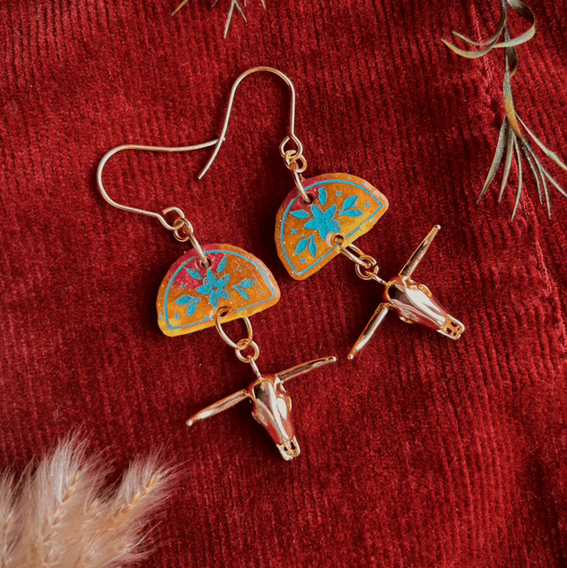 Floral Half Moon Earrings with Floral Details and Bull Skull Charms