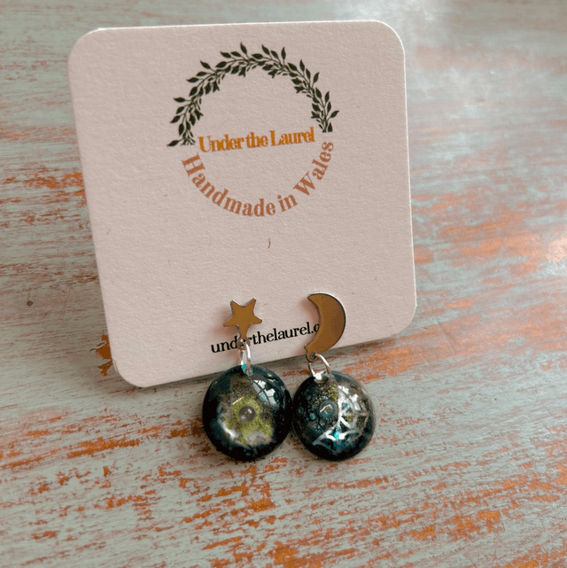 Spiderweb Mismatched Moon and Star Stud Earrings
