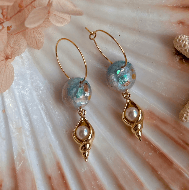 Circle Shell and Pearl Hoop Earrings Gold Plated