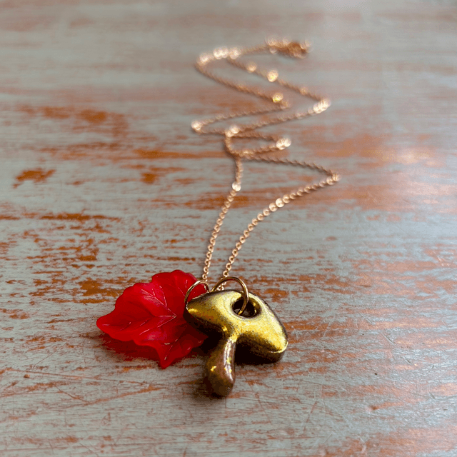 Gold Mushroom and Red Leaf Necklace