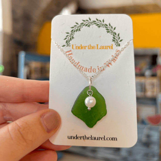 Green Sea Glass Necklace with Pearl and Silver Plated Chain