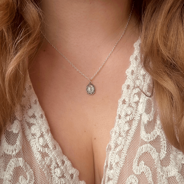 Tiny Ornate Necklace Silver Plated Bezel