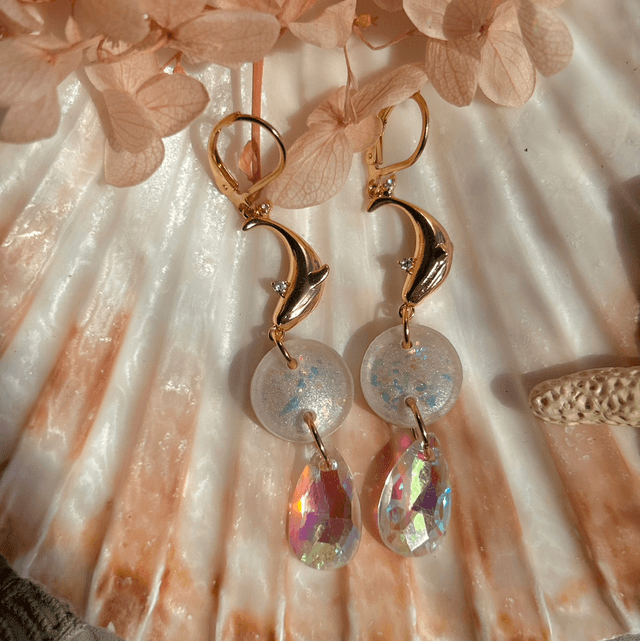 Whale Earrings with Holographic face and Gold plated Lever Back Ear Wires