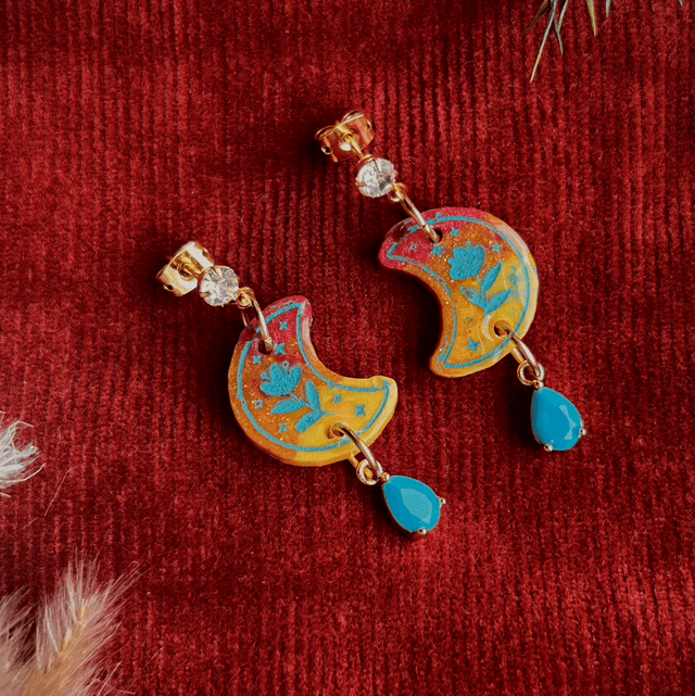 Floral Moon Earrings with Turquoise Detailing 