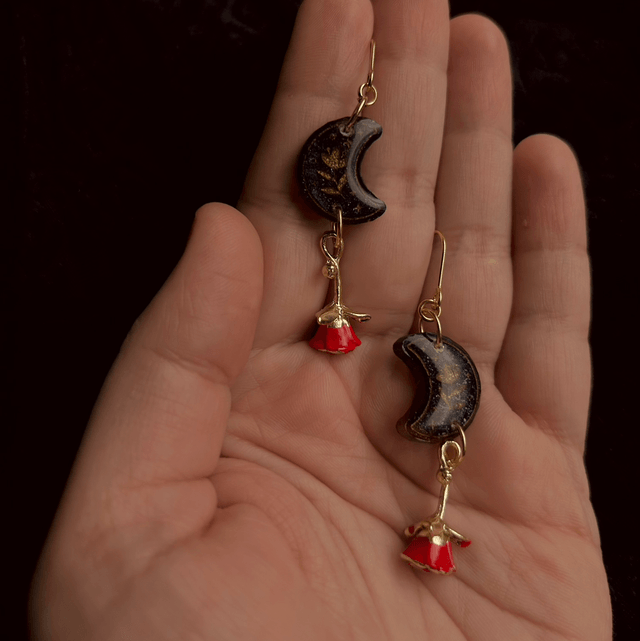 Moon and Red Rose Earrings