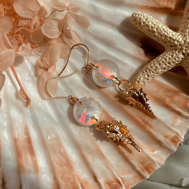 White and Iridescent Shell Hook Earrings Gold Plated
