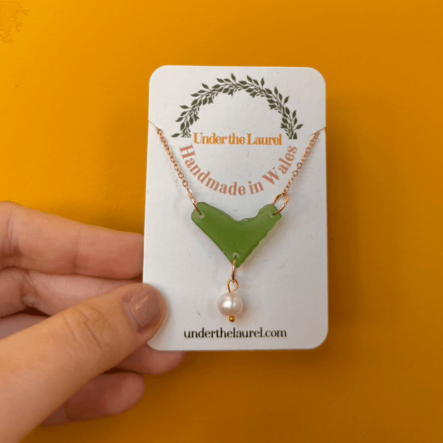 Green Sea Glass Necklace with Pearl and Gold Plated Chain