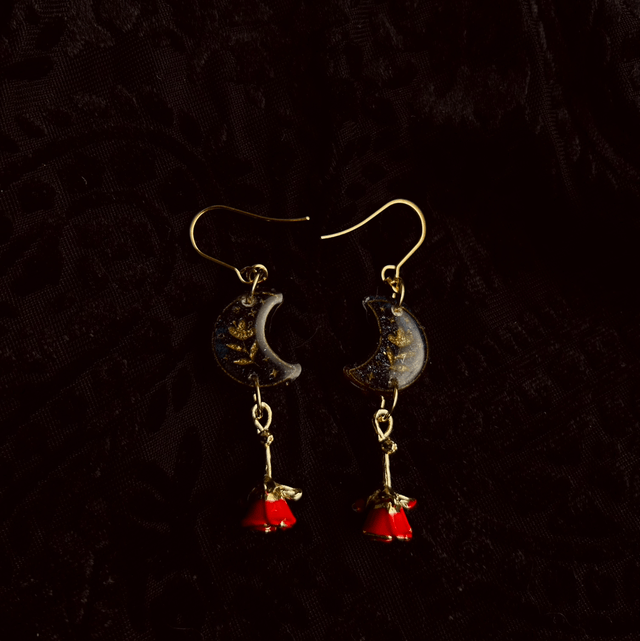 Moon and Red Rose Earrings