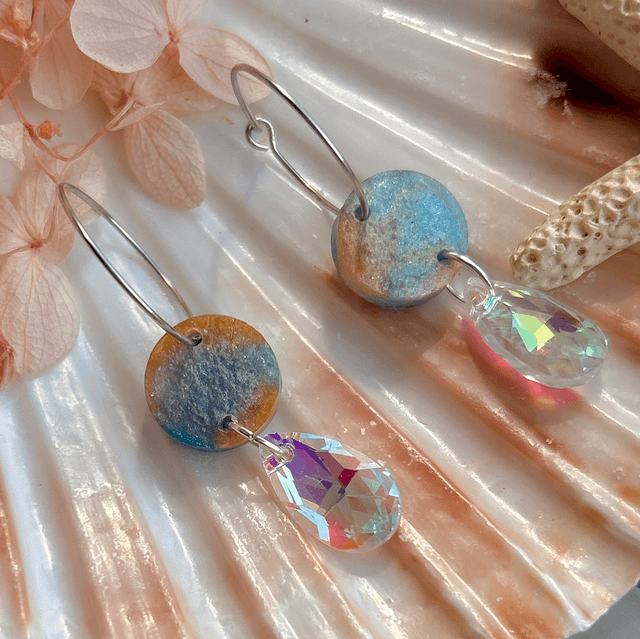 Circle Holographic Hoop Earrings With Glass Teardrop Charms Stainless Steel