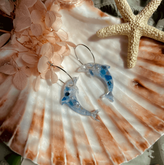 Dolphin Hoop Earrings with Sea Glass