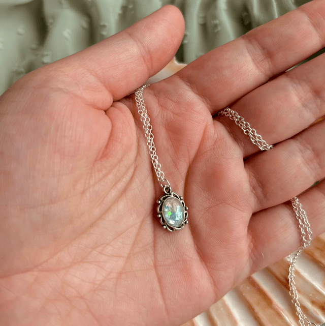 Tiny Ornate Necklace Silver Plated Bezel