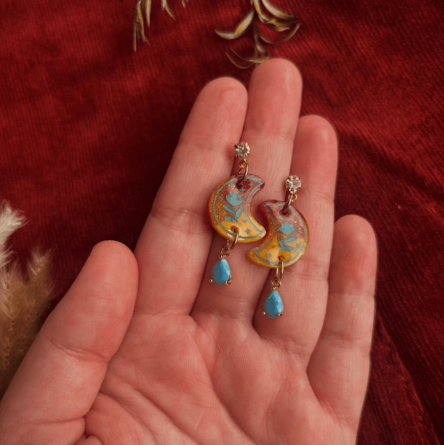 Floral Moon Earrings with Turquoise Detailing 