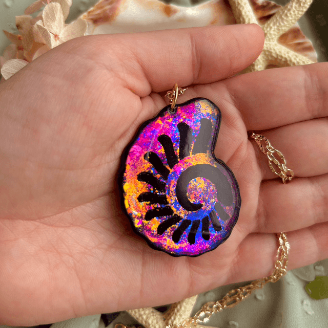 Iridescent Rainbow Nautilus Shell Statement Necklace Gold plated