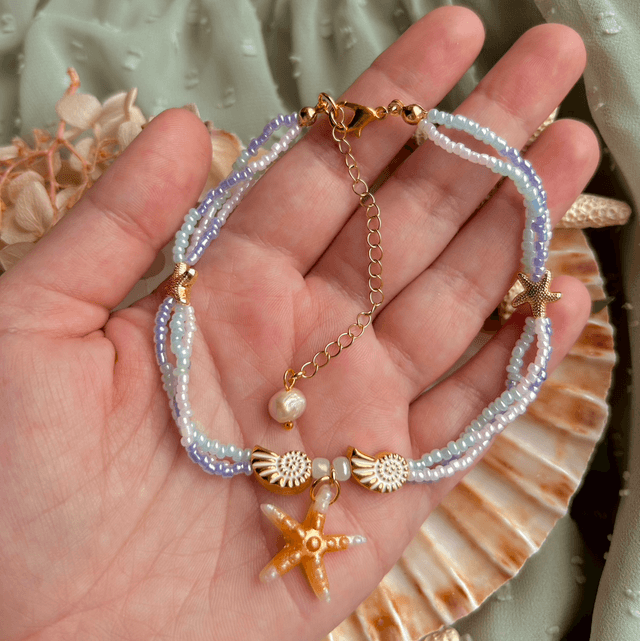 Starfish Beaded Anklet with Freshwater Pearl Gold Plated