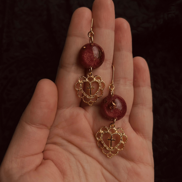 Cross and Heart Red Earrings