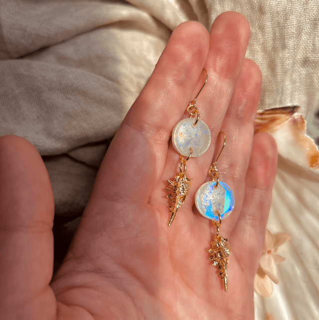 White and Iridescent Shell Hook Earrings Gold Plated