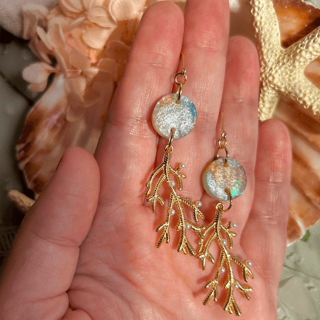 Coral Hook Earrings Holographic front Gold Plated