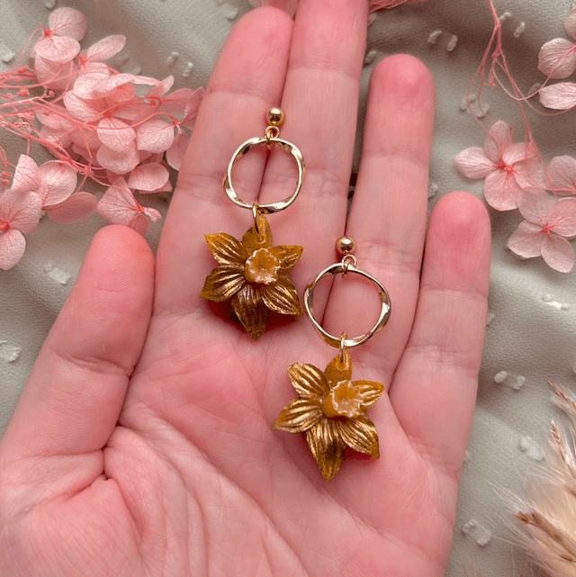 Golden Daffodil Stud Dangle Earrings