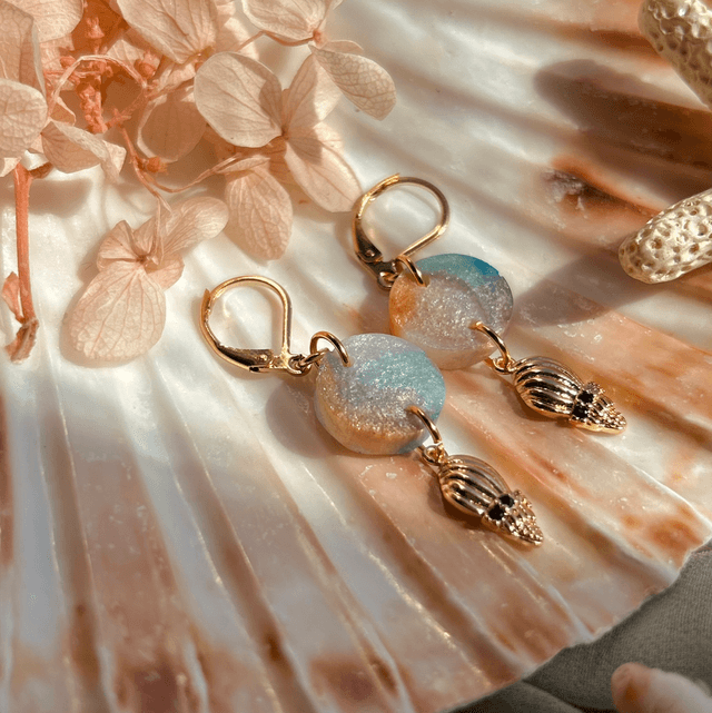 Circle and Shell Earrings with Holographic Front and Gold Plated Earring Wires