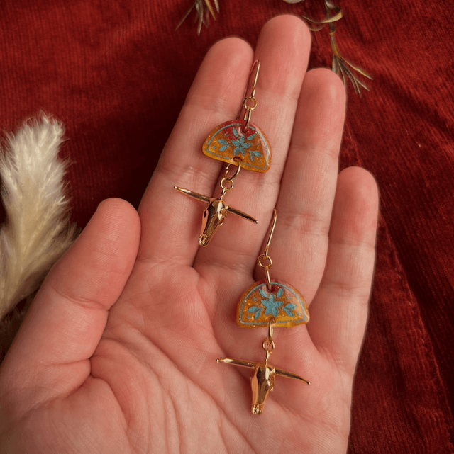 Floral Half Moon Earrings with Floral Details and Bull Skull Charms