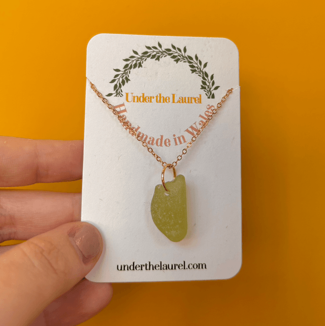 Lime Green Sea Glass Necklace Gold Plated Chain