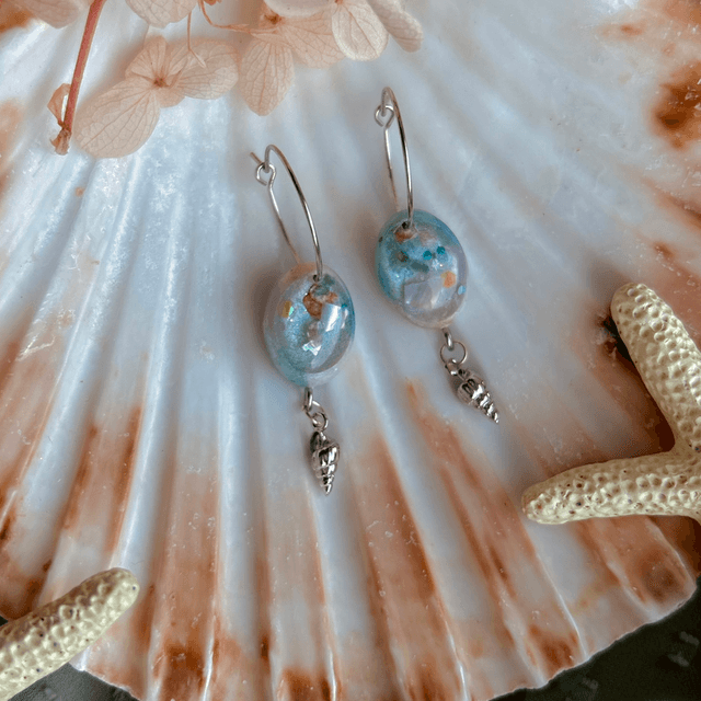 Oval Hoop Earrings with Shell Charms Stainless Steel