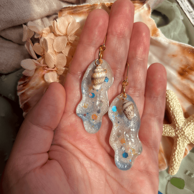 Wave Statement Hook Earrings with Real Shells Gold Plated