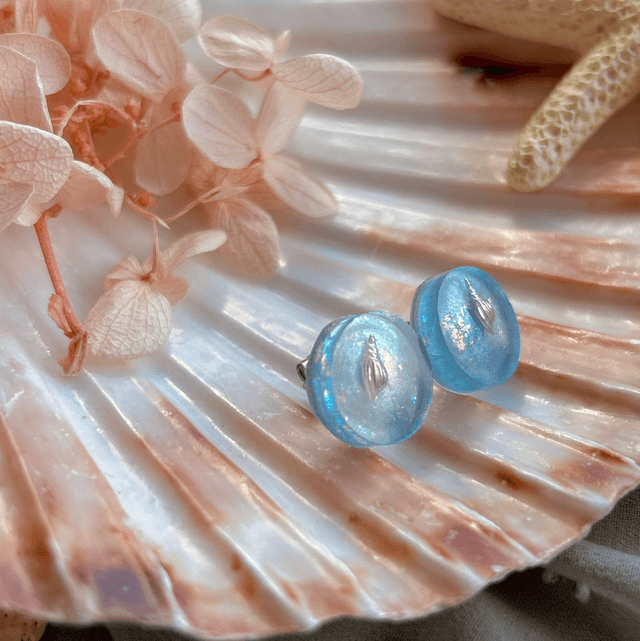 Silver Shell Circular Stud Earrings Holographic Stainless Steel 