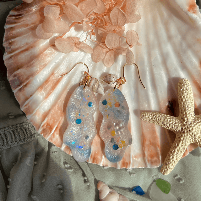 Wave Statement Hook Earrings with Real Shells Gold Plated