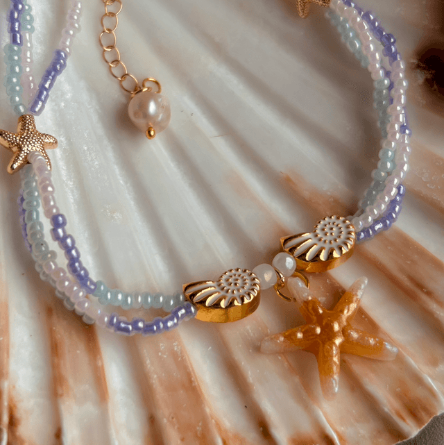 Starfish Beaded Anklet with Freshwater Pearl Gold Plated