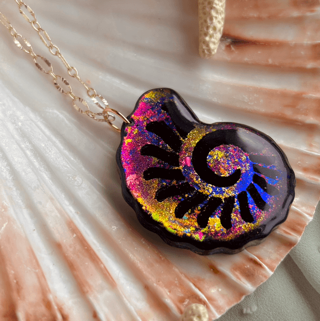 Iridescent Rainbow Nautilus Shell Statement Necklace Gold plated