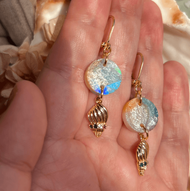 Circle and Shell Earrings with Holographic Front and Gold Plated Earring Wires