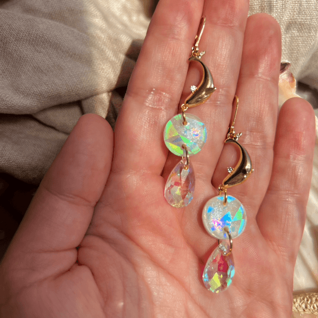 Whale Earrings with Holographic face and Gold plated Lever Back Ear Wires