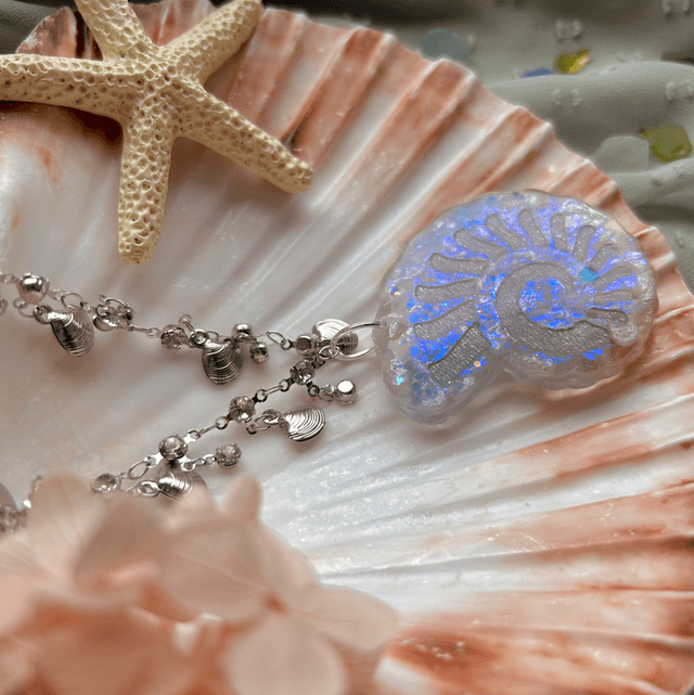 Blue/Purple and Silver Nautilus Shell Statement Necklace with Shell and Cubic Zirconia Chain