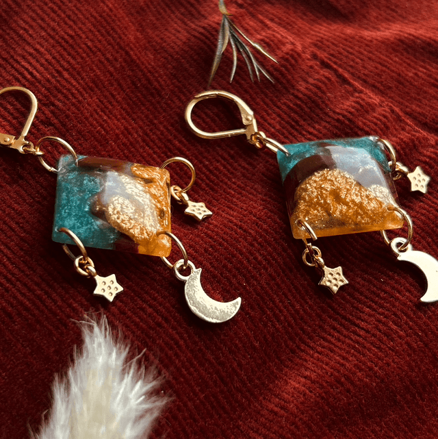 Moon and Star Celestial Diamond Shaped Earrings