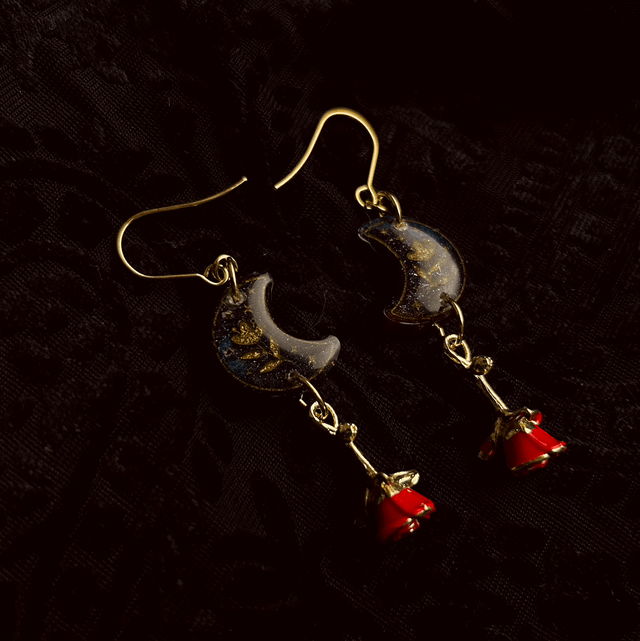Moon and Red Rose Earrings