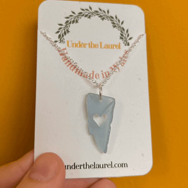 Carved Heart Sea Glass Necklace Blue and Silver