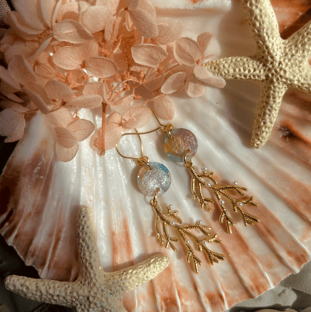 Coral Hook Earrings Holographic front Gold Plated