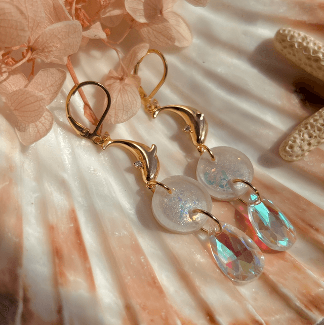 Whale Earrings with Holographic face and Gold plated Lever Back Ear Wires