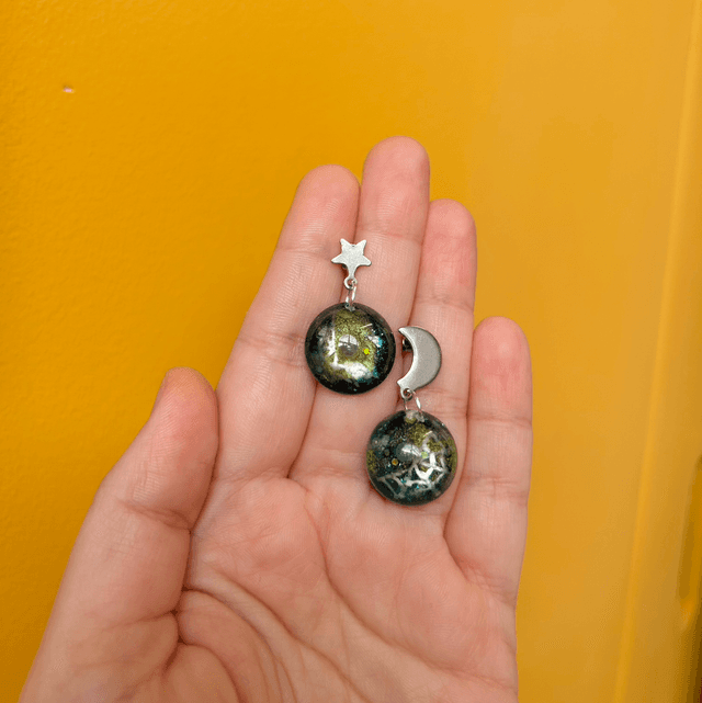 Spiderweb Mismatched Moon and Star Stud Earrings