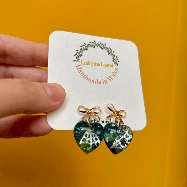 Spiderweb and Bow Heart Stud Earrings