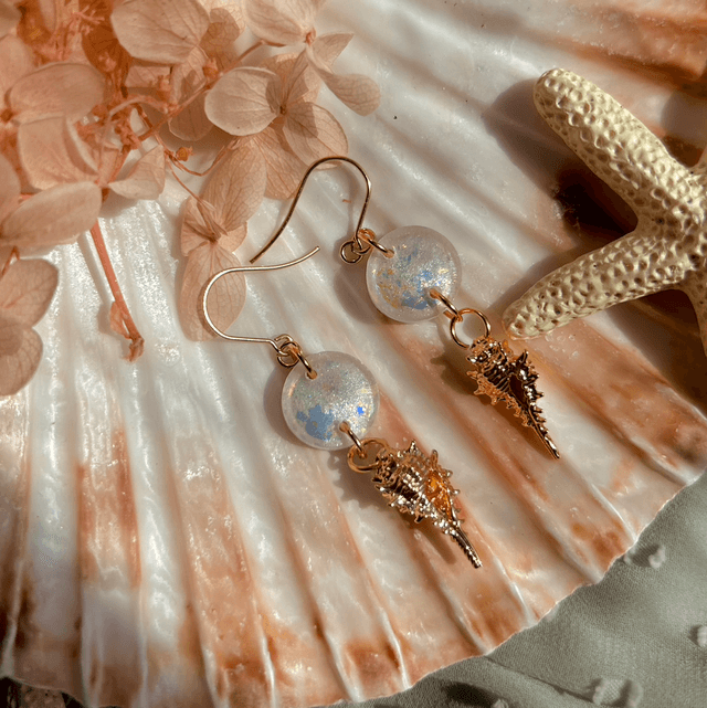 White and Iridescent Shell Hook Earrings Gold Plated