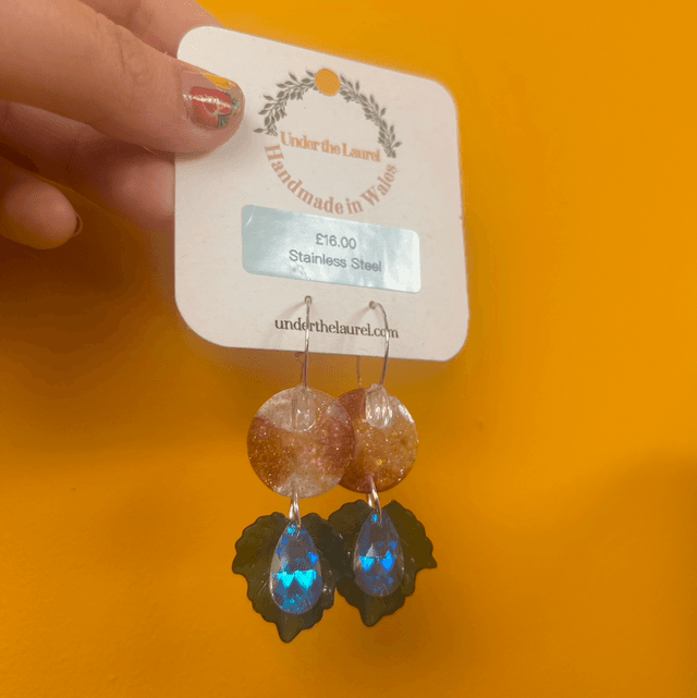 Leaf and Dew Drop Earrings - Dark Green
