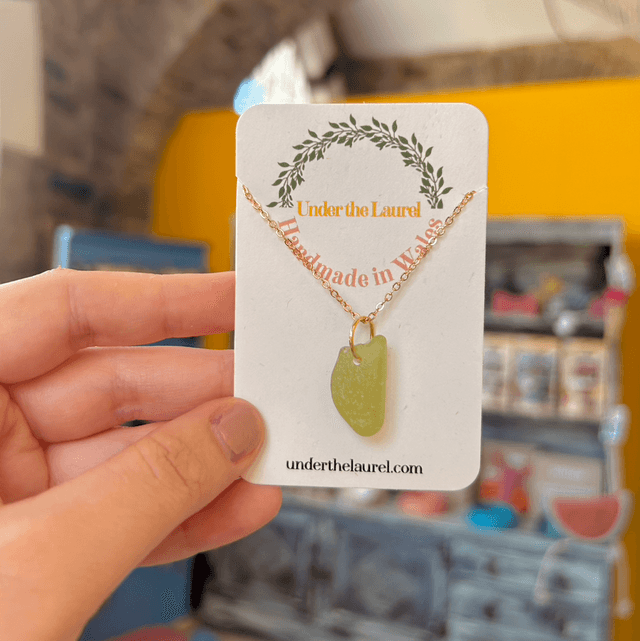 Lime Green Sea Glass Necklace Gold Plated Chain