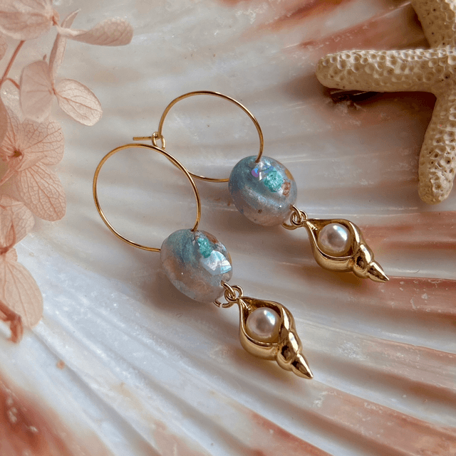 Circle Shell and Pearl Hoop Earrings Gold Plated