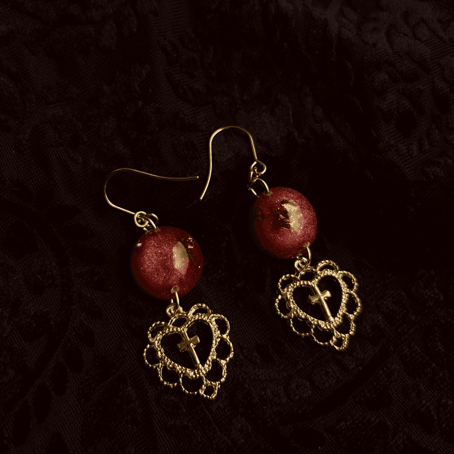 Cross and Heart Red Earrings