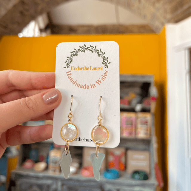 Pale Blue/Green Sea Glass Hook Earrings With Abalone Shell