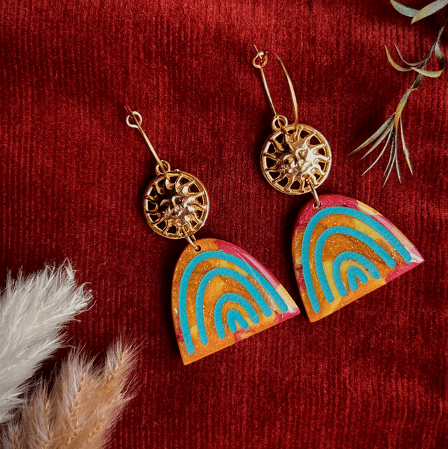 Rainbow and Sun Earrings with Turquoise Details