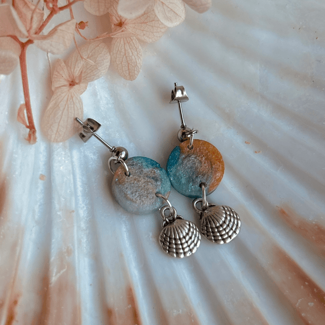 Circular Stud Earrings Holographic With Shell Charms Stainless Steel
